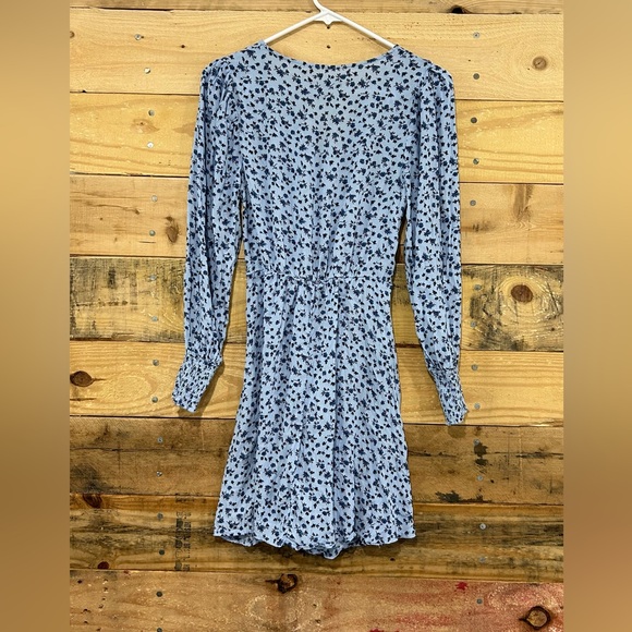 Wild Fable Dress Small Blue Micro Blue Flowers Long Sleeve Tie Waist V Neck - Picture 2 of 5